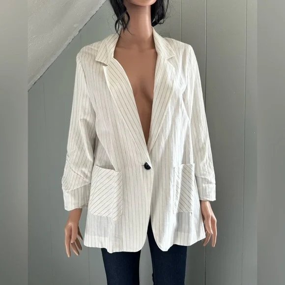 Drew Narrow Stripe Linen Blend Blazer White Lightweight Jacket Medium NWT - Picture 3 of 8